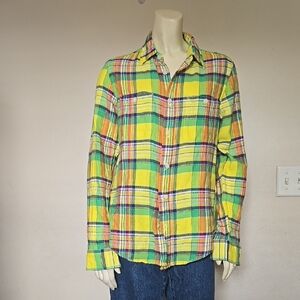 Vibrant Yellow and Green Casual Plaid Shirt